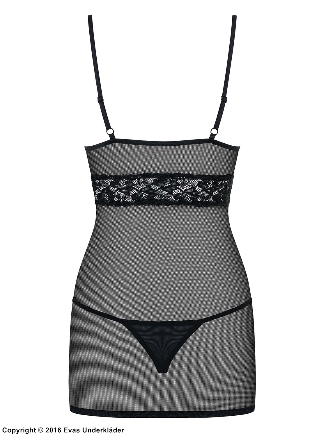 Skin-tight chemise, see-through mesh, lace inlay, pearls